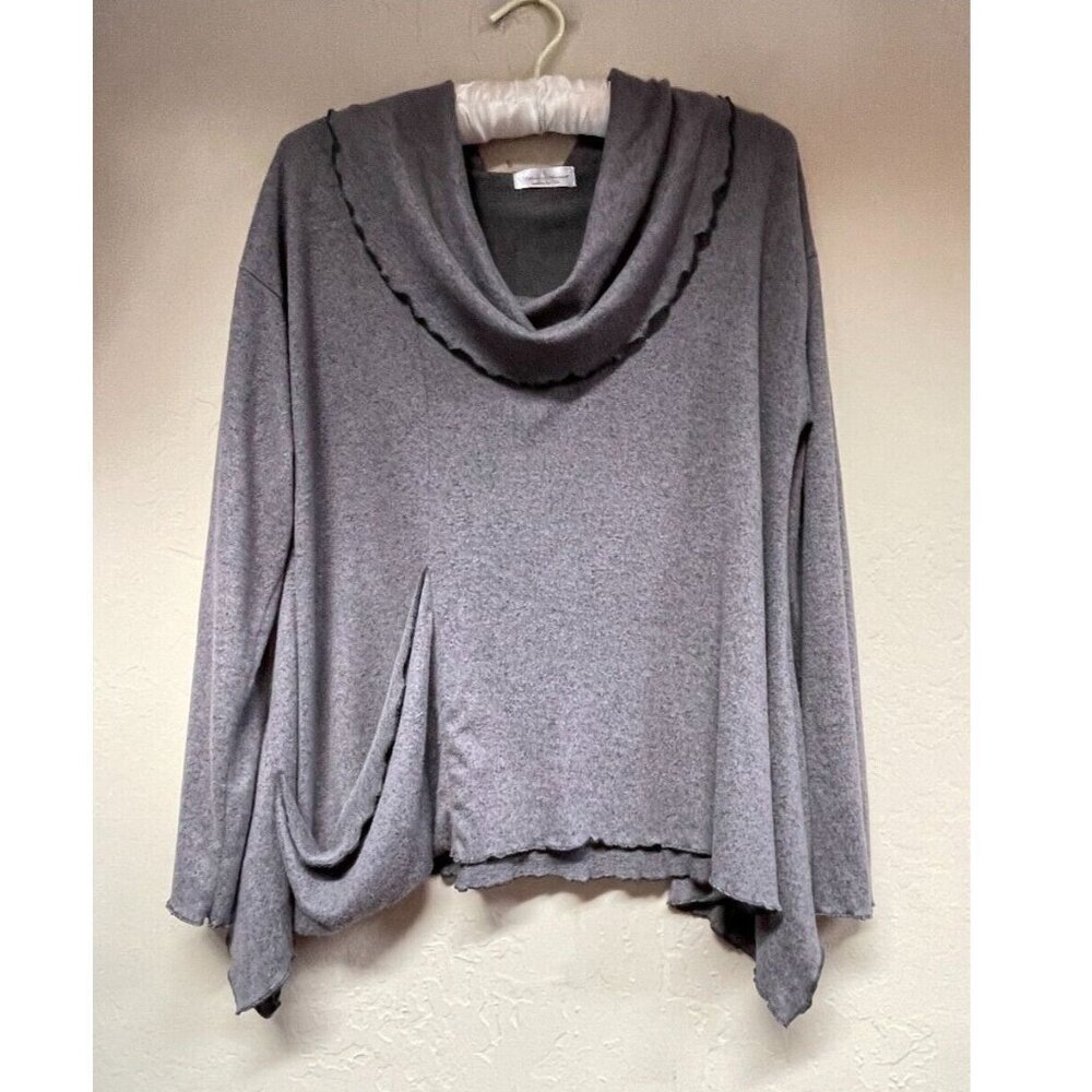 Vine Street Women's Large Cowl Neck Asymmetric Flowy Top Long Sleeve Gray